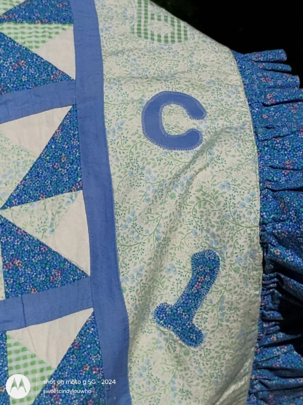 vintage hand made baby quilt ABC 123 blue green white ruffled edge crib sized